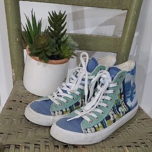 Inkkas Womens Blue Aqua Nature Themed Canvas Suede High Top Sneakers Size 8